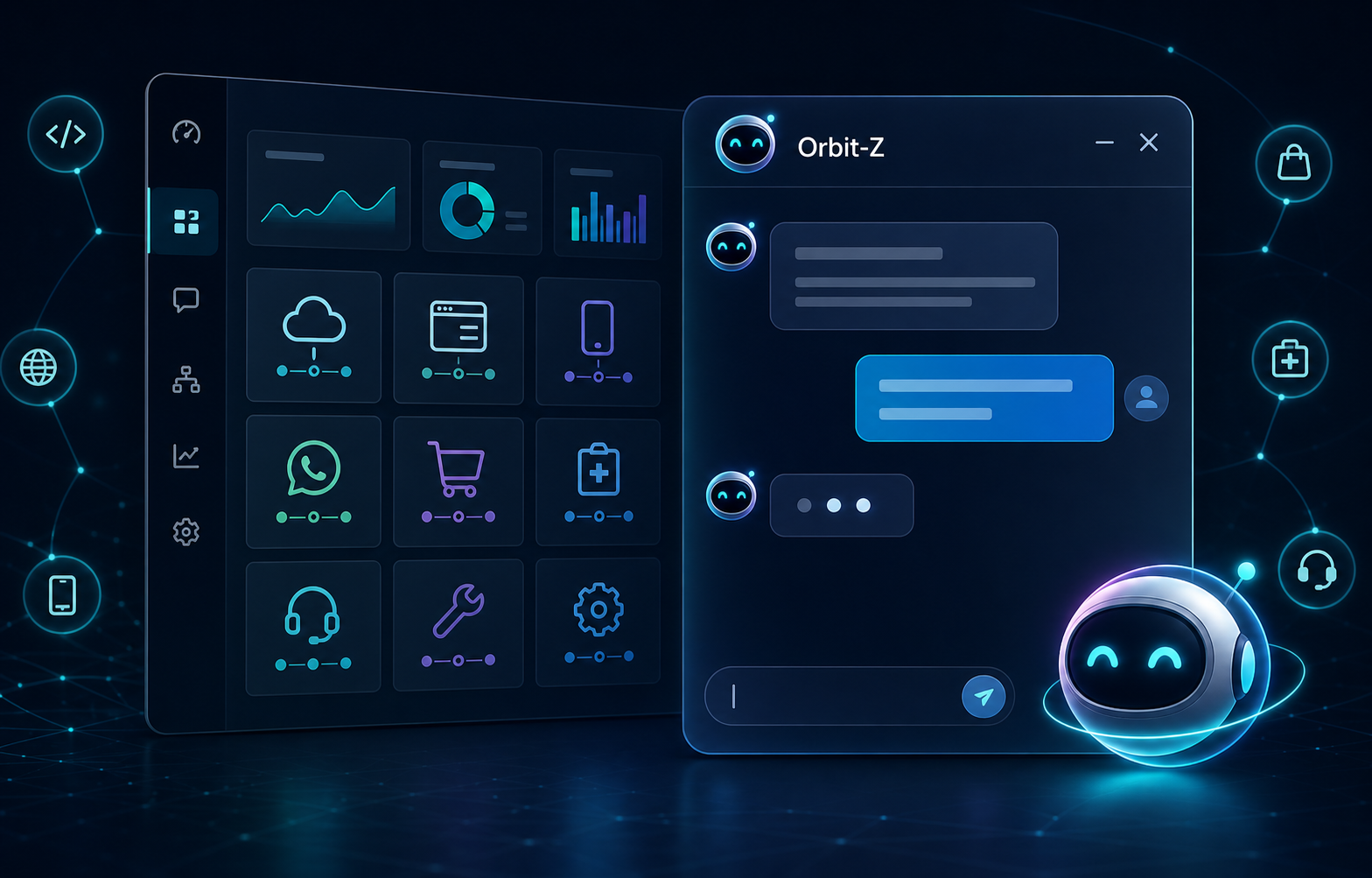 Prévia do chatbot Orbit-Z conectado a sites, lojas, clínicas, suporte e aplicativos
